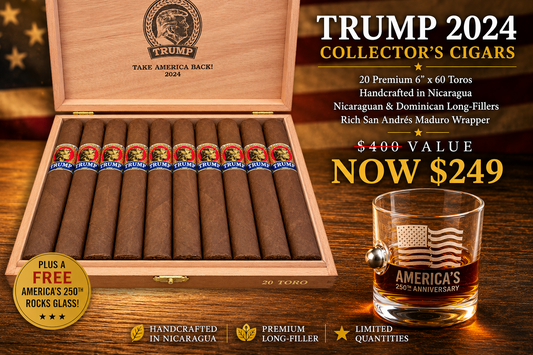 Trump 2024 Presidential Campaign Toro Cigars | (1 Box of 20) with 1 Free 250th Anniversary Rocks Glass!